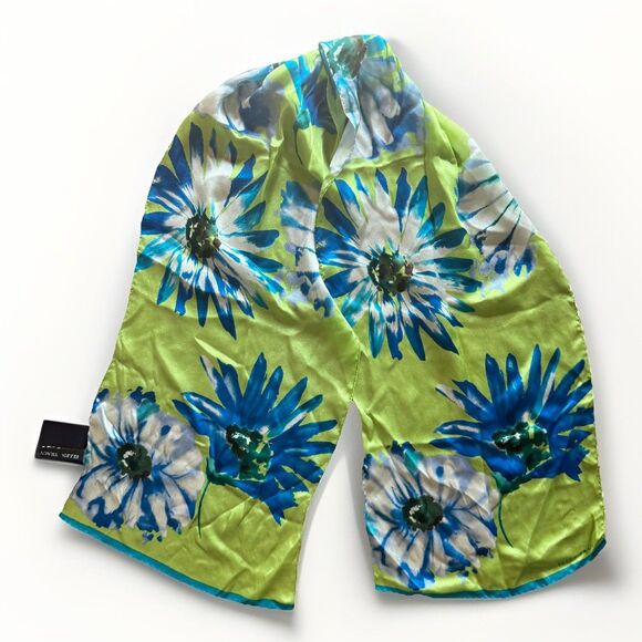 Ellen Tracy Scarf 100% Silk Blue Green Floral Flowers Spring Watercolor 11x52 - Picture 1 of 6